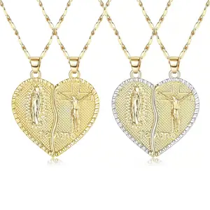 Virgin Mary Heart Necklace 18K Gold Plated Double Chain Combination Prayer Pendant for Women & Men Te AMO Inscribed Couple Necklace Religious Symbolism Elegant Dual Heart Design