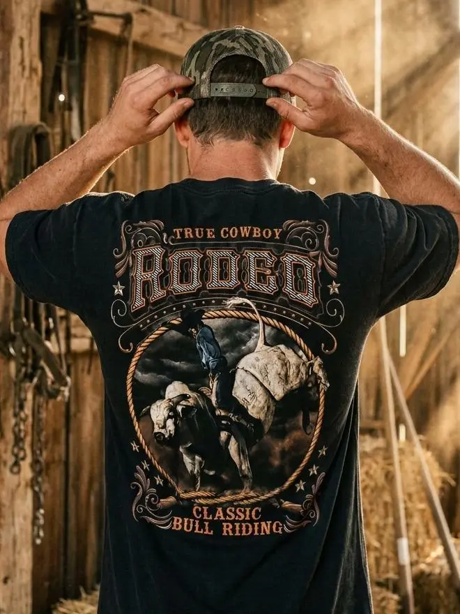 Men's Wear Cowboy Stuff Casual Classic Bull-Riding Western T-Shirt - Vintage True Cowboy Rodeo Tee (S, M Sizes), All Seasons, Layered Sleeve, Western Stuff, Menswear, Men's T Shirts, Western Clothes, Country Clothing