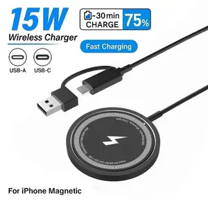 For MagSafe USB C Charger Magnetic Wireless Charger Fast Charging Pad Compatible With iPhone 16/15/14/13/12 Pro Max Series & AirPods 3/2/Pro Samsung S25 S24 Ultra Pad with Dual Charging Ports,With LED Light