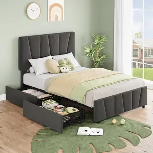 Twin Size Bed Frame with Upholstered Headboard and 2 Storage Drawers, Velvet Twin Platform Bed with Wooden Slats Support, No Box Spring Needed - Dark Grey