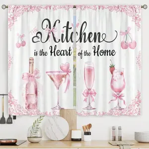 2PCS Pink Bow Cute Kitchen Curtains Short Small Cute Women Girls Rod Pocket Wine Champagne Cherry Strawberry Love Heart Bedroom Living Room Treatment Fabric 2 PanelsInch