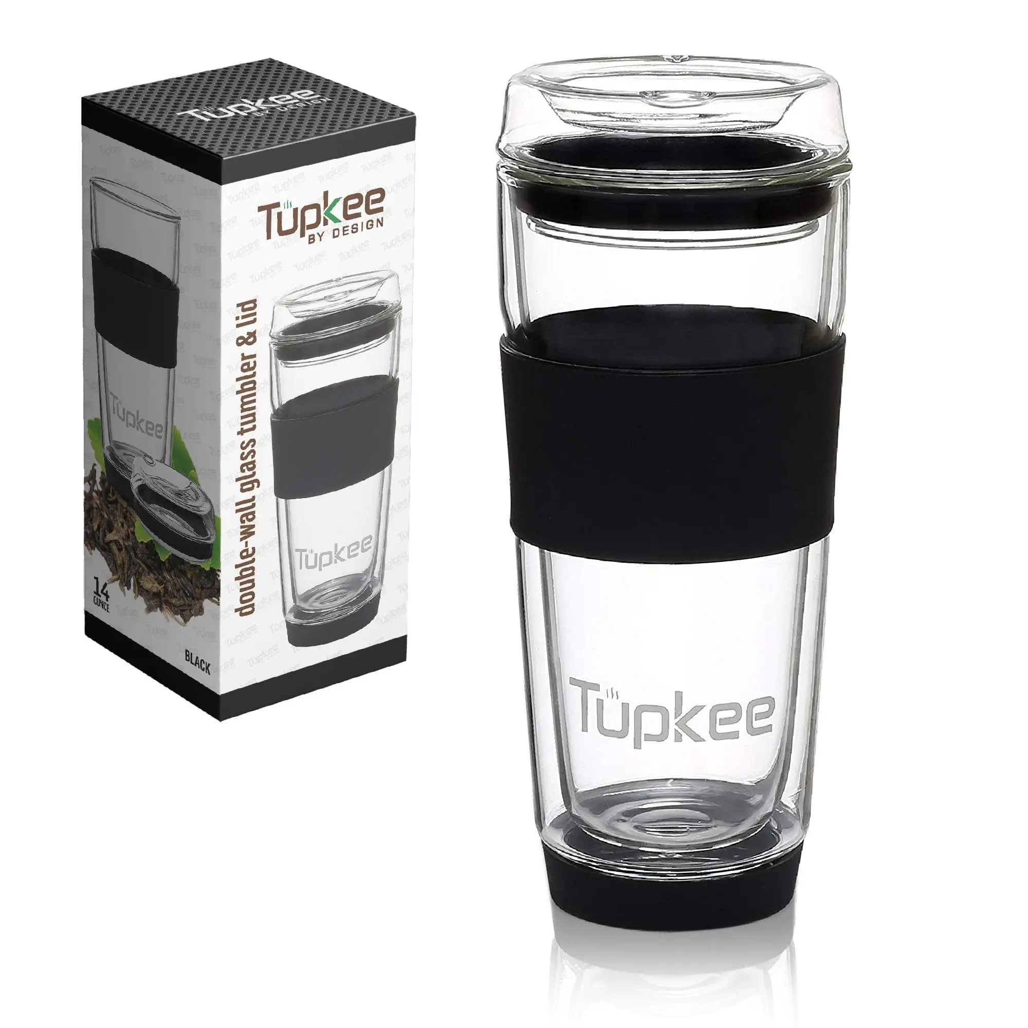14-oz Double Wall Thermal Glass Tumbler - Silicone Lid, All-Glass Reusable Insulated Beverage Mug, Hand-Blown Drinkware for Tea & Coffee