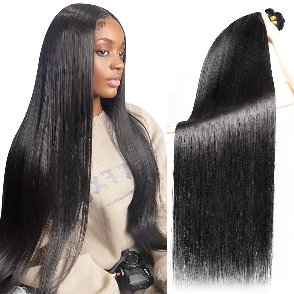 Brazilian Virgin Human Hair Bundles 30inch Body Wave Straight Hair for Quick Weave 1 3 4 Bundles Natural Black Traditional Sew in Extension