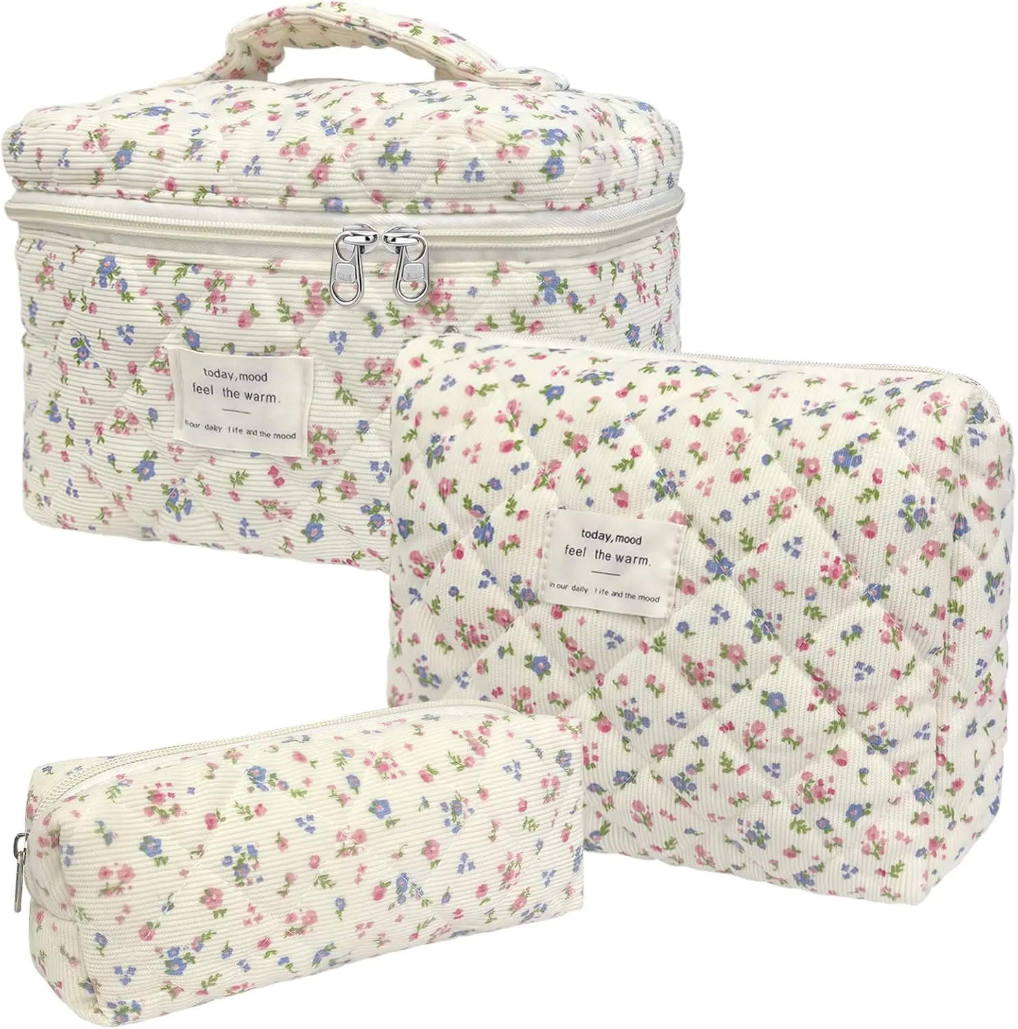Women's Quilted Floral Print Polyester Padded Cotton Travel Beauty Bag - High-Capacity Cosmetic Set with Zippered Top, Double-Layer Packaging, Vanity Organization Accessory for Beauty on the Go