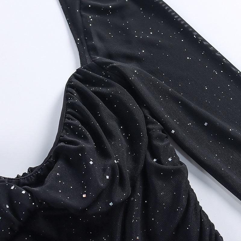 Holiday Haul Women's Glitter Contrast Mesh Long Sleeve Ruched Mini Bodycon Dress with Square Neck Lettuce Trim for Party Dinner Elegant Casual Dress black  wednesday  outfit shine  dress Strapless Ruffle Hem Dress plain backless