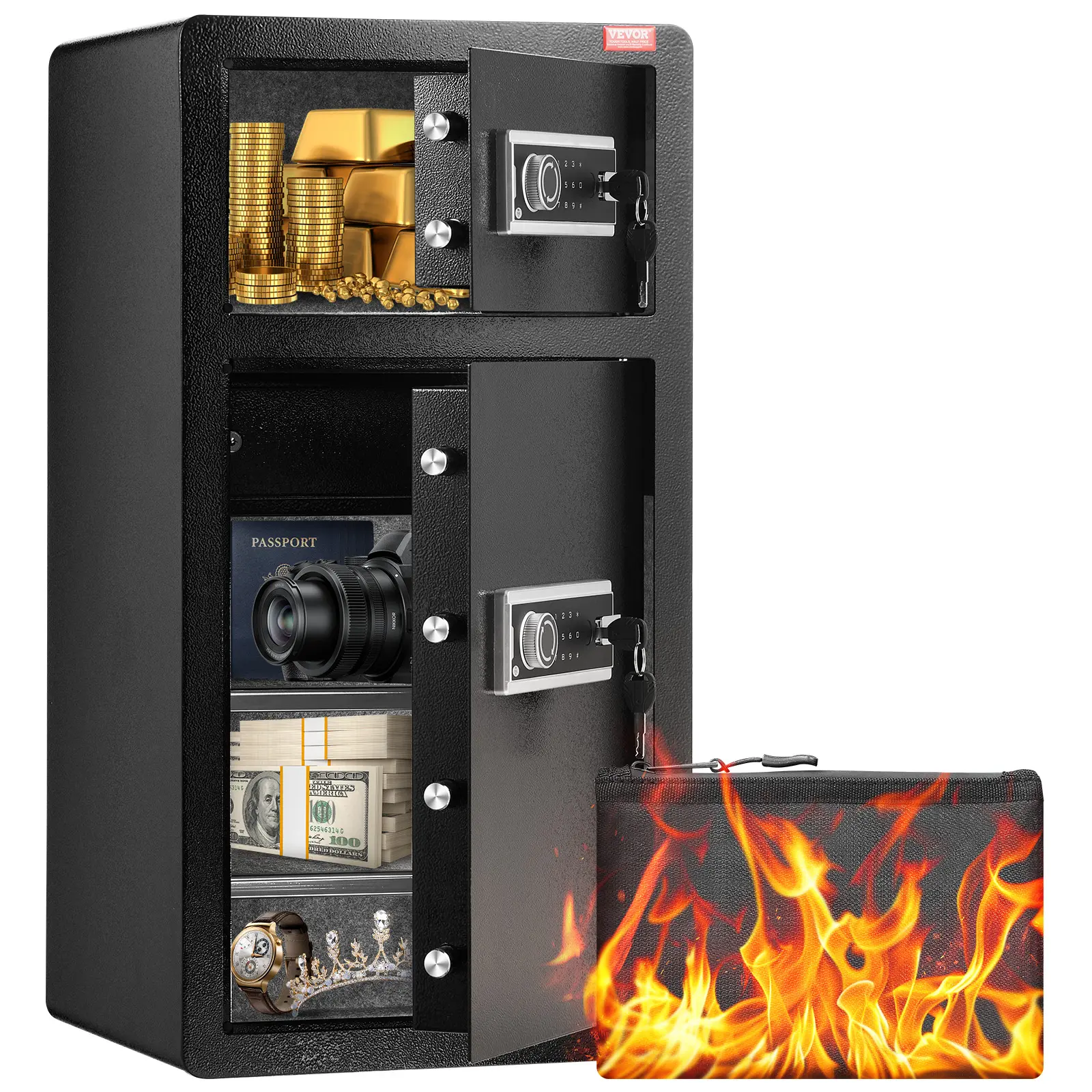 【Summerfinds】VEVOR 5.5 cu.ft Double-Door Home Security Safe - Anti-Theft Digital Lock Safe with Electronic Password LockKeyFireproof BagKey RackLED Light2 Adjustable Removable Dividers1 Cabinet for Valuables (Black), Anti Theft Safes