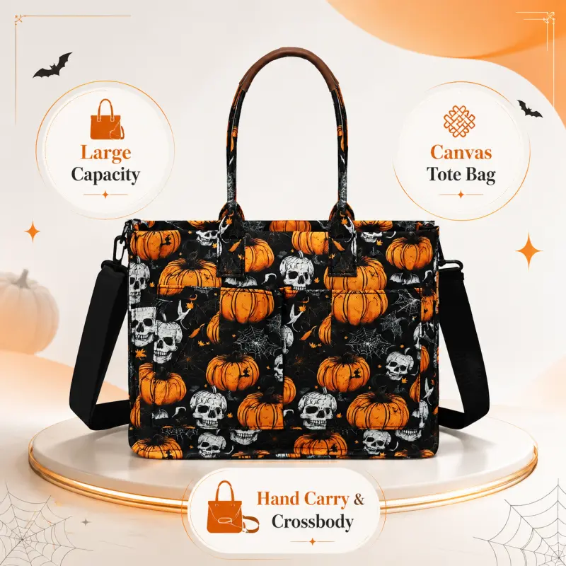 Spooky Pumpkin Skull Tote Bag for Women, Large Capacity Canvas Handbag with Zipper Closure and Detachable Shoulder Strap, Halloween Crossbody Bag for Work, Travel and Everyday Outfits