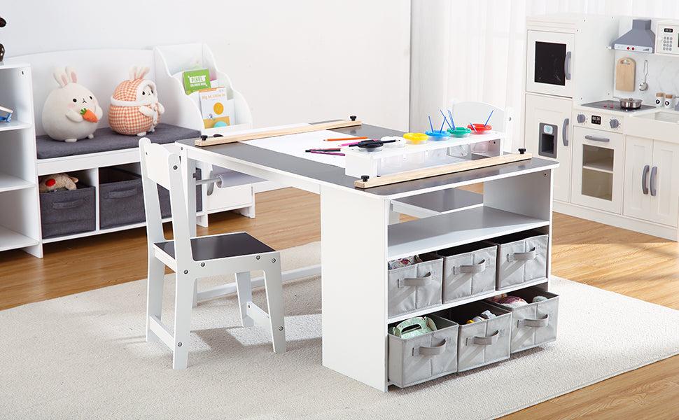 GARVEE Versatile Wooden Activity Table and Chair Set with Storage Bins and Portable Art Supply Organizer for Creative Play and Learning in Stylish Yellow and White or Grey Finish.