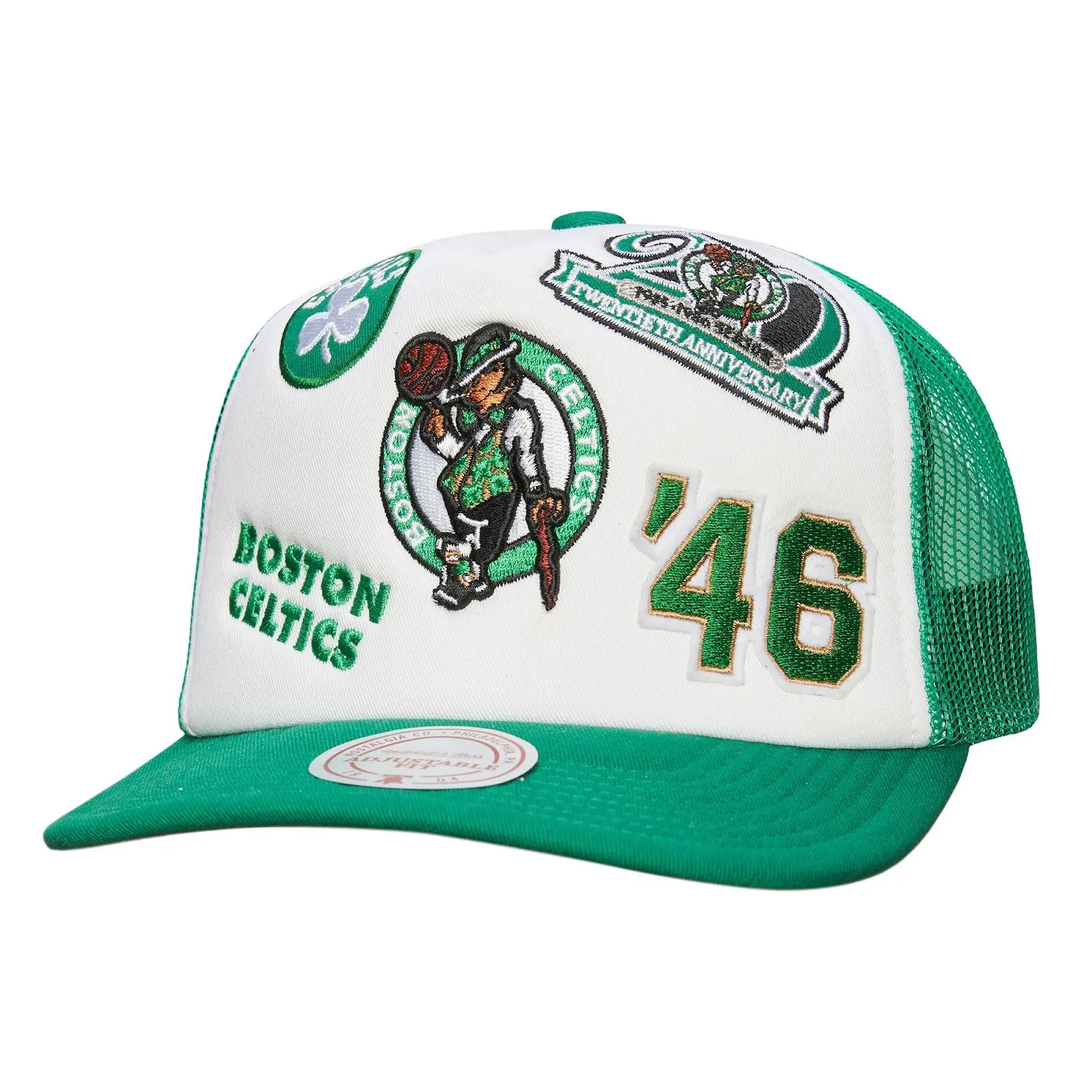 Mitchell & Ness Boston Celtics White Gridlock Trucker Hat - Unisex, Casual, Cotton, Graphic, Regular Fit Adjustable Cap
