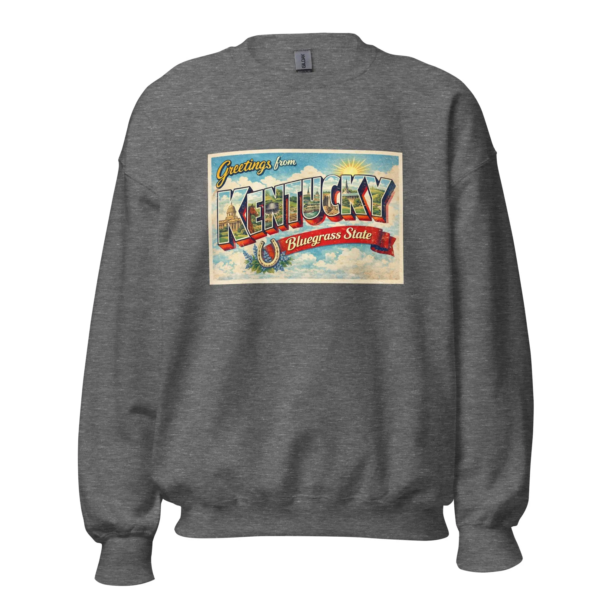 Women's Oversized Classic Soft Cotton-Spandex Yarn Sweatshirt - Unisex Dark Chocolate Polyester Athletic Pullover with Colorful Retro Kentucky Postcard Graphic, Stitched Hem, Ribbed Cuffs, Aesthetic Vibes, Knit Fabric, Casual Comfy Ootd Top