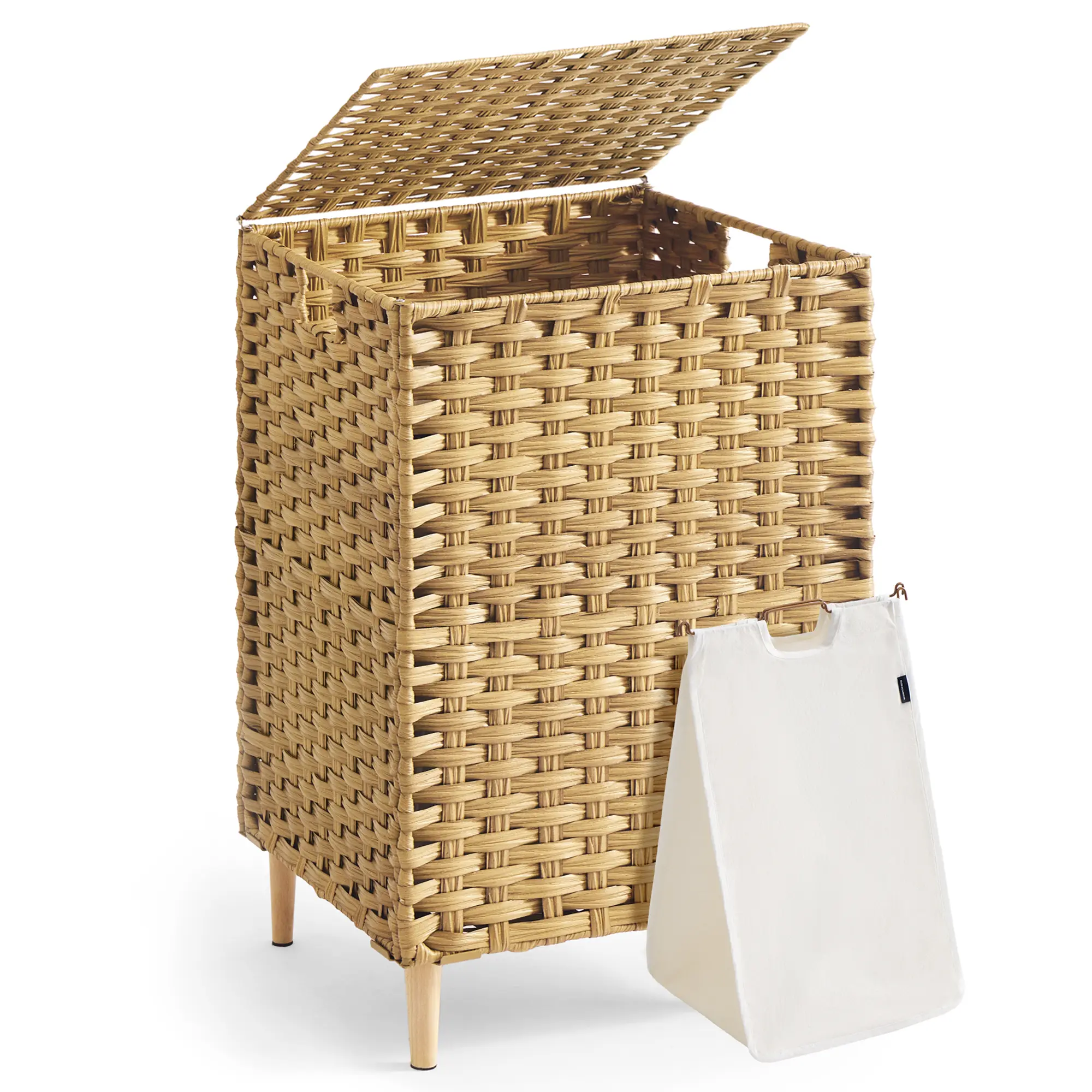 SONGMICS Laundry Basket with Lid, 25 Gal (95L) PE Rattan Laundry Hamper with Removable Washable Liners, for Bedroom, Living Room