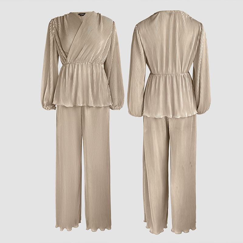 ChicMe Women's 2 Pieces Outfit Overlap V-Neck Lantern Sleeve Tie Waist Ruffle Hem Top and Elastic Waist Wide Leg Pants Set Vintage Frill Hem Satin Pleated Commuting Set