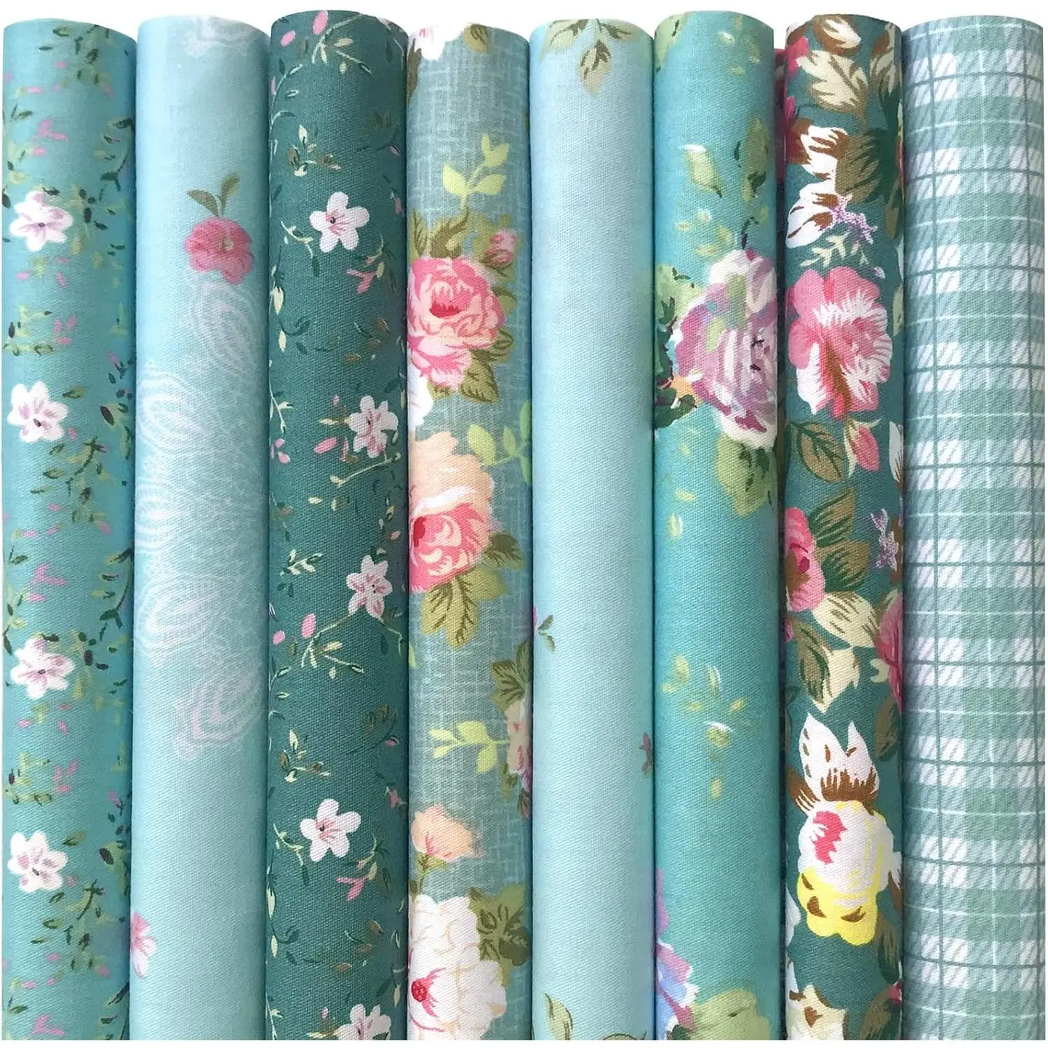 8 count 18x22 inch Cotton Fabric Green Floral Rose  Quarters Fabric Pre-Cut Quilt Squares for Patchwork Quilting and DIY Sewing Projects