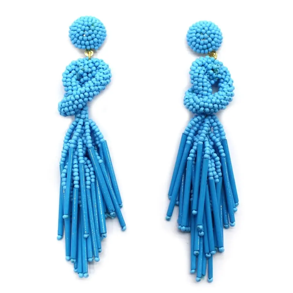 Handmade Beaded Solid Color Post Statement Earrings for Women All Season - 4 inch Long Dangle with Celtic Knot Design - Czech Seed Beads - Cyan Blue