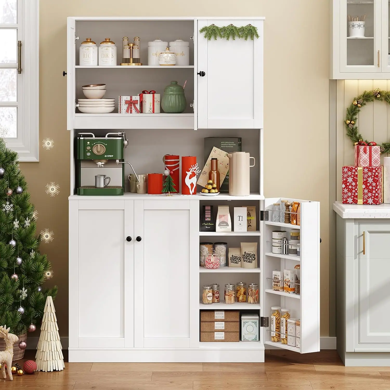 【BackToSchool】ONBRILL 71" Tall Kitchen Pantry Storage Cabinet with Microwave Stand & Door Shelf, Freestanding Kitchen Hutch with 6 Doors and Adjustable Shelves, Modern Food Pantry for Kitchen, Dining Room,dorm essentials,home decor