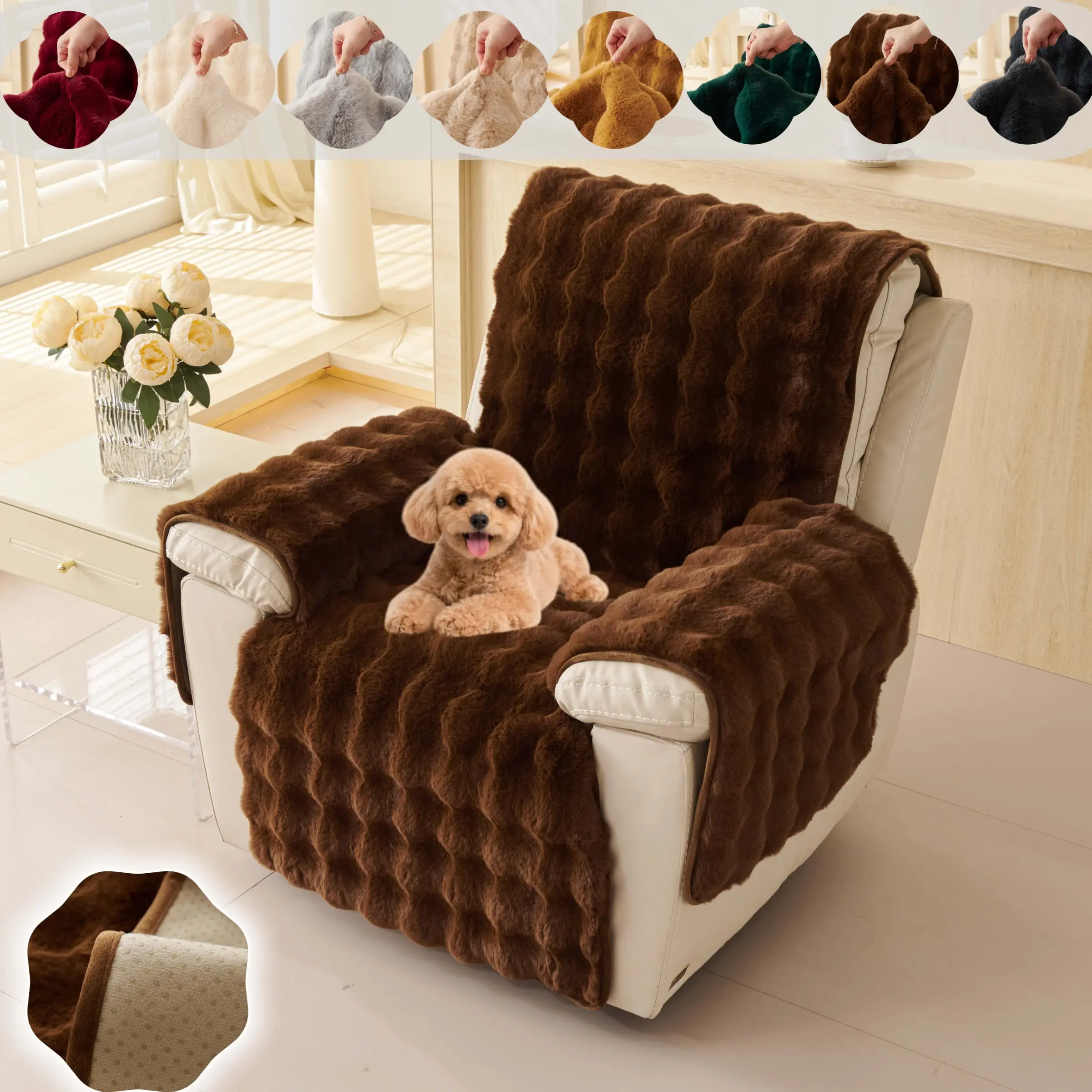 Plush Faux Fur Recliner Chair Cover 1PC, Thick Soft Sofa Cover, Pet Friendly Non Slip Armchair Protector, Warm Cozy Machine Washable Cover for Lounge Recliner, Recliner Covers Washable