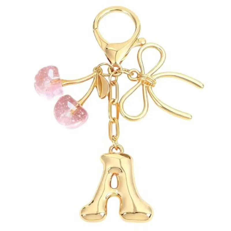 Bubble Initial Keychain with Bow & Cherry - Gold Letter Bag Charms for Women, Cute Purse Handbag Accessories, Cute Keychain Accessory