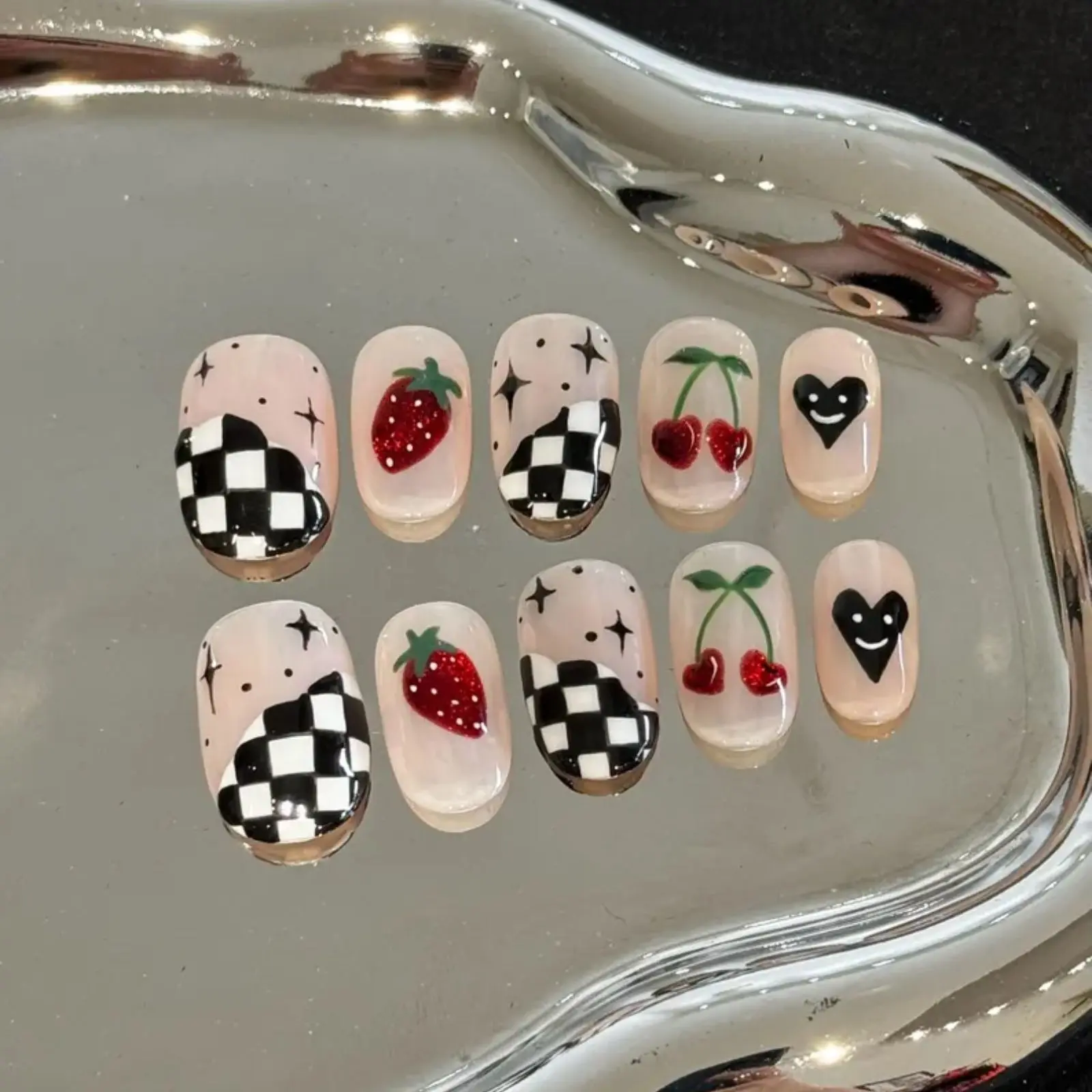 Cute Cherry & Checkerboard Nail Art – Kawaii Strawberry, Cherry and Black Heart Manicure