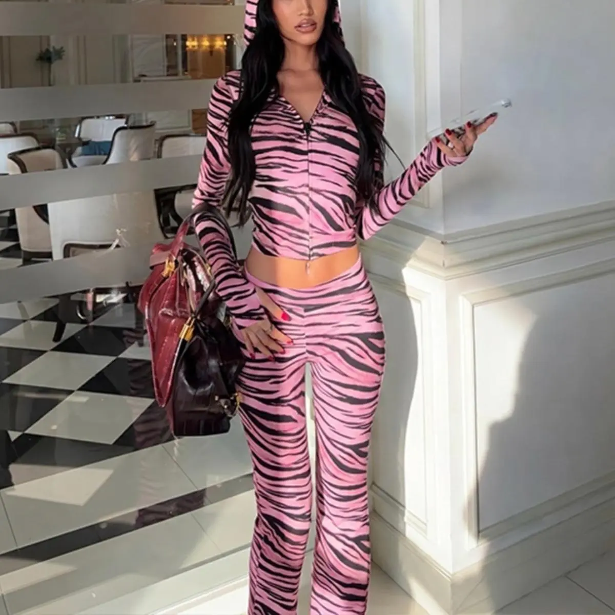 Women Zebra Print Hoodie Matching Set, Zipper Front Long Sleeve Sweater & Fitted Pants