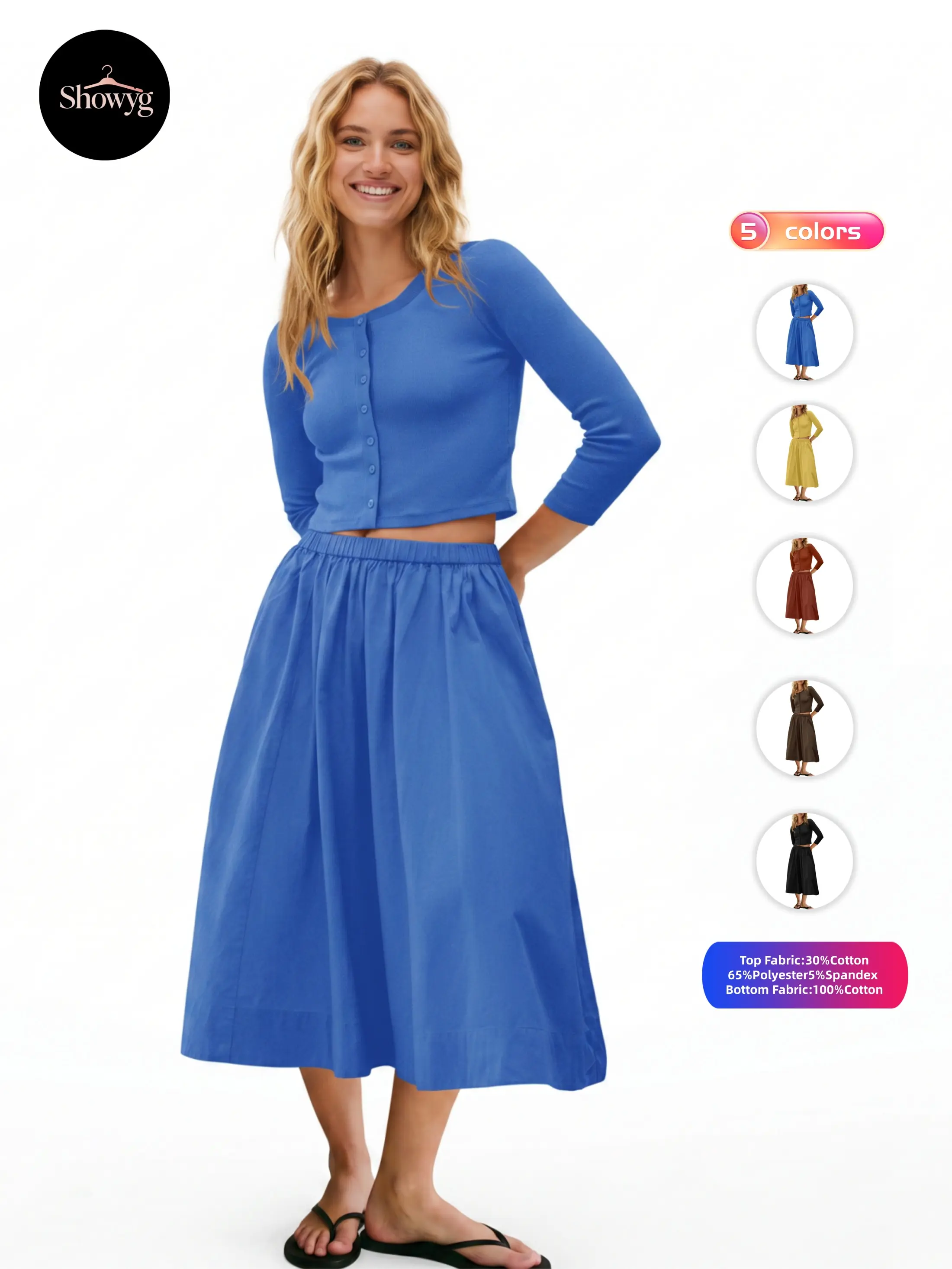 Showyg Women's Casual Ribbed Texture 2 Piece Sets - Round Neck 3/4 Sleeve Button Down Cardigan and Fitted Skirt Outfit, Women's Matching Sets, Clothes