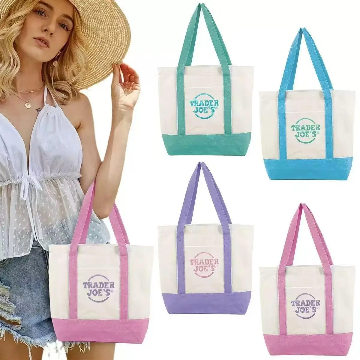 High-Capacity 2026 Small Canvas Tote Bag with Front Pocket, Heavy Duty Cotton Reusable Grocery & Farmers Market Shoulder Tote, Pastel Two Tone Carryall for Women