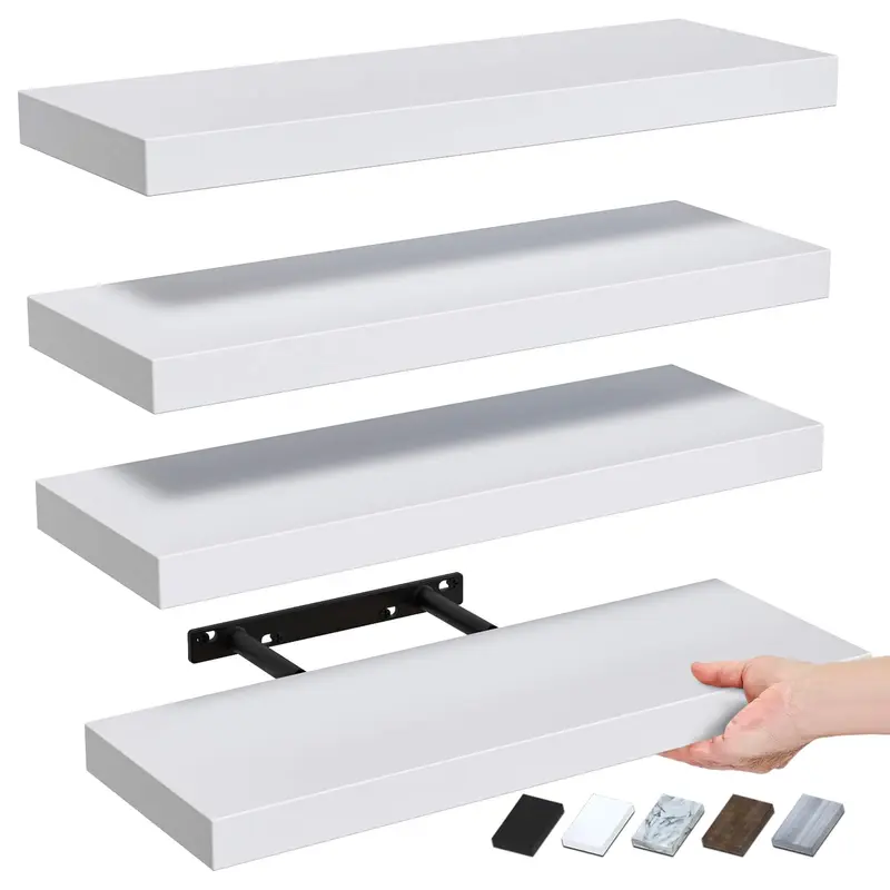 Bosniik White 15.8inch Floating  4 Sets with Invisible Brackets for Bedroom Bathroom Kitchen Living Room Decor Artificial Wood Frosted Surface 20 lb Capacity Easy Assembly Wooden   block wall shelves Plant desk