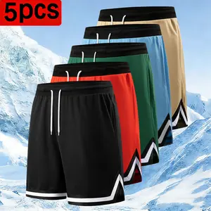 Men’s Summer Basketball Sports Shorts, 5-Pack — Mesh, Breathable, Quick-Dry Knee-Length Loose Fit Plus Size Fitness Running Training Shorts with Trendy Colorblock Side Stripes, Drawstring Elastic Waist for a Comfortable Non-Restricting Fit, Multi-Pocket D