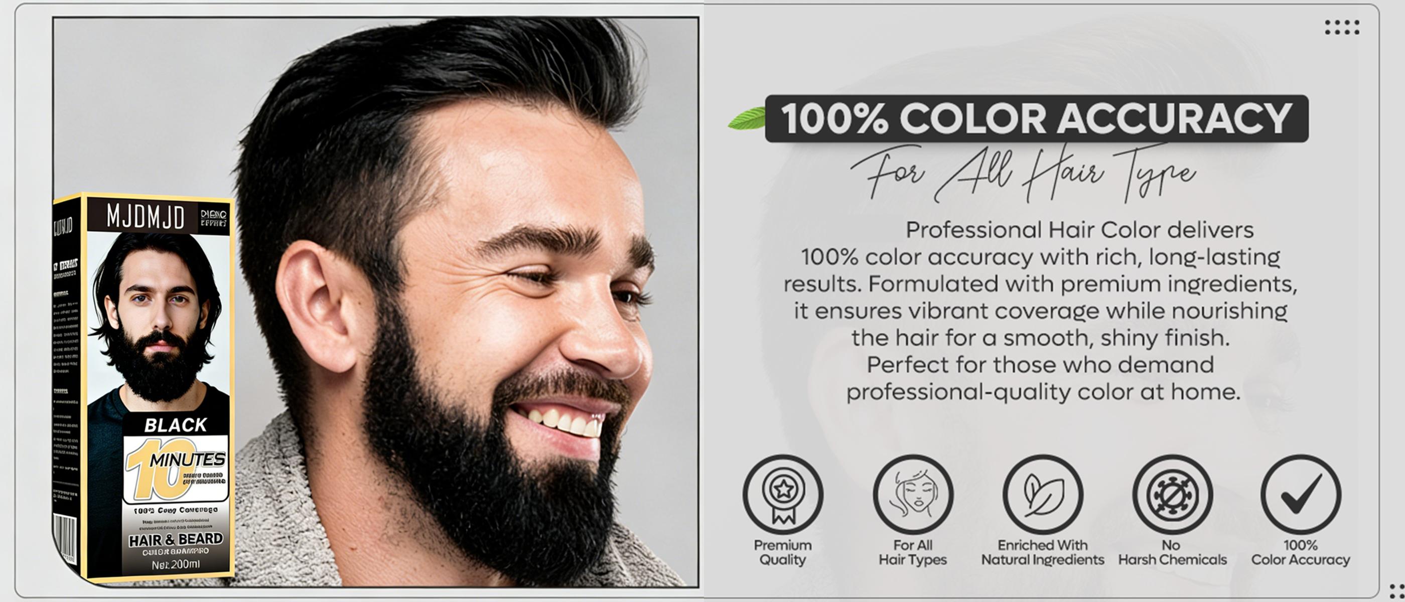 MJDMJD 3 IN 1 Men's beard and Hair dye - white hair covered in 10 minutes,natural black hair dye,easy color shampoo,Tinte para barba para hombres,200 ml