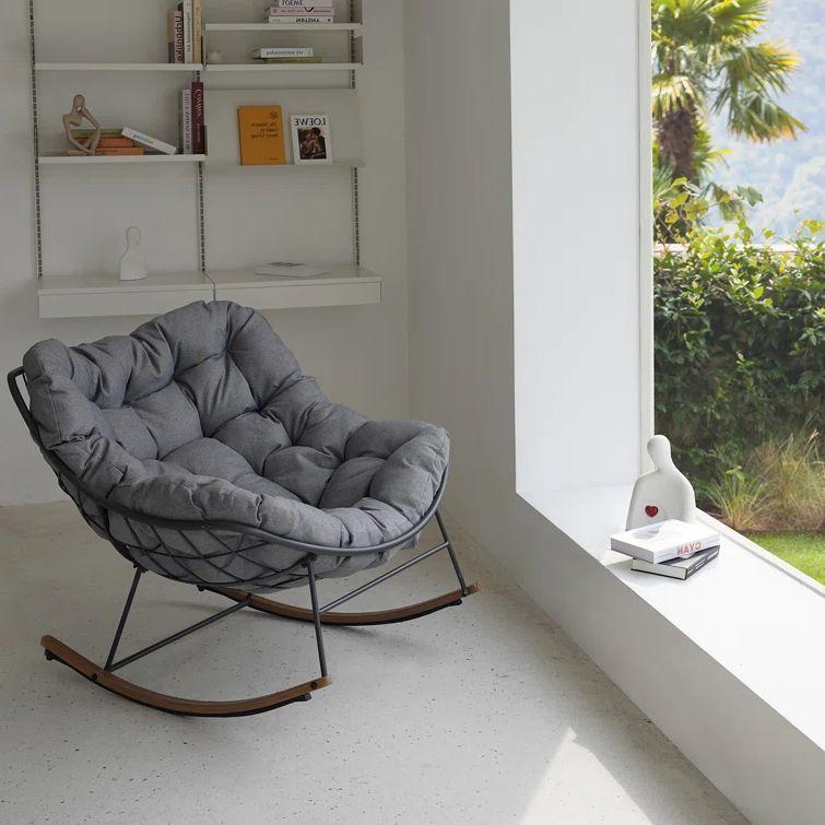 Outdoor Rocking Chair E-Coated Rocking Chair with Cushion Outdoor Rocker Recliner Chair for Patio Porch Garden Backyard Grey