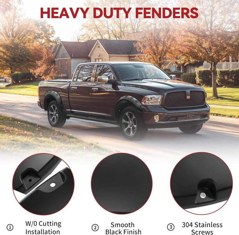 YITAMOTOR Fender Flares compatible with 2009-2018 Dodge Ram 1500, 2019-2024 1500 Classic,Black Paintable Wheel Flare Front Rear 4PCS Resistant Mud Flaps Universal Flexible Fender Flares