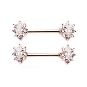 CZ Crystal Oval Flower Cluster Nipple Barbells - Stainless Steel - Pair