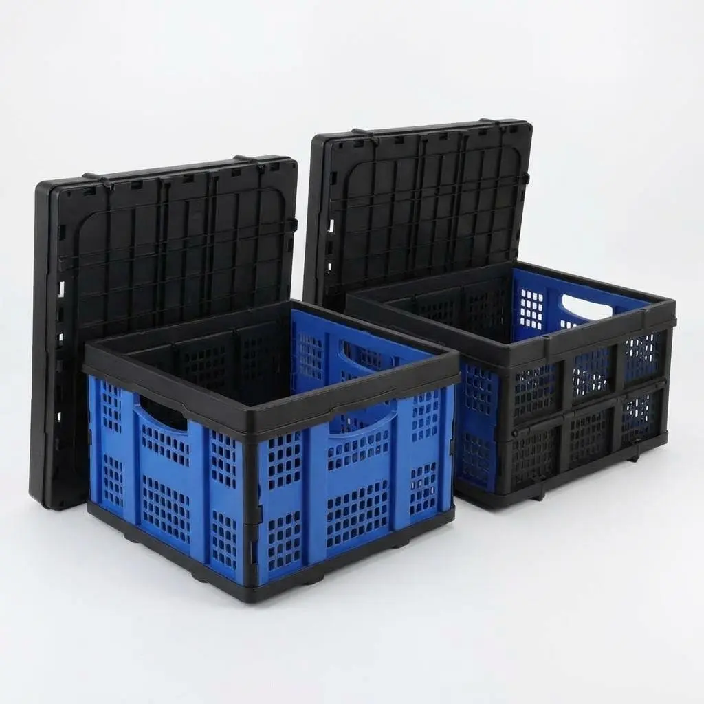2-Pack Blue Collapsible Storage Baskets - Heavy-Duty Thickened PVC Stackable Storage Bins with Side Handles, Interlock Design Organizer for Outdoor Furniture Spaces