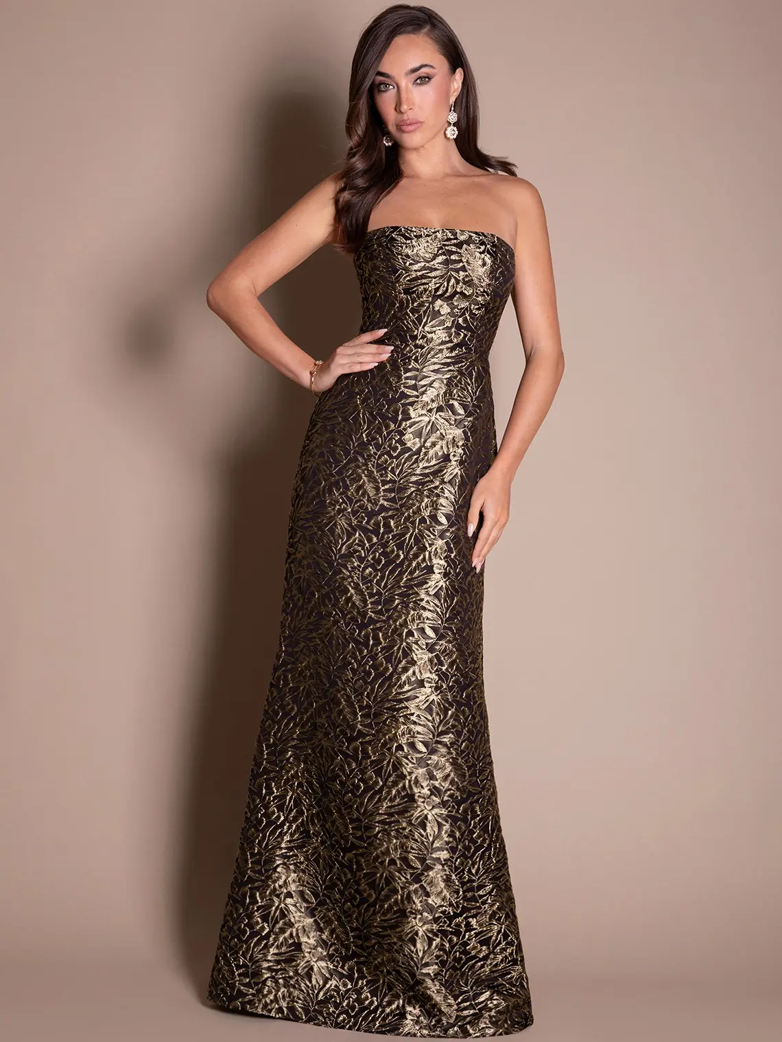 AZAZIE Amali Straight Strapless Brocade Evening Gown, Women's Sleeveless Formal Maxi with Removable Spaghetti Straps & Slit