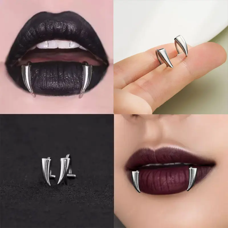 OUFER BODY JEWELRY Vampire Teeth Lip Cuffs, 2-Piece Minimalistic 316L Stainless Steel Fake Piercing Set for Everyday Wear, Stainless Steel Jewelry