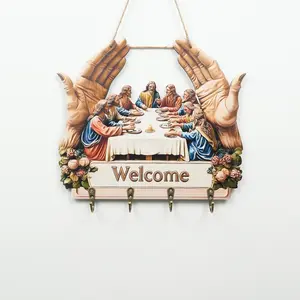 2D Flat Jesus and Disciples Wall Art Keychain 1 Piece Pack, Exquisite Religious Design with Four Metal Hooks, 10.4"x11.8" Artificial Wood  Metal Frame, Porch Welcome Sign, Farmhouse Style Seasonal Home Decor, Intricate Craftsmanship, Father's Day Gift