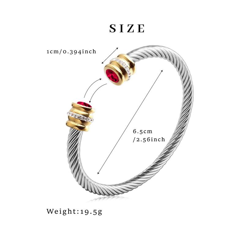 GGIRL Birthstone Stainless Steel Twisted Cable Cuff Bracelet For Men Womens, Multi-Color Cubic Zirconia 60mm Diameter  Fashion Jewelry Gift for Holiday Haul Christmas Birthdays Anniversaries