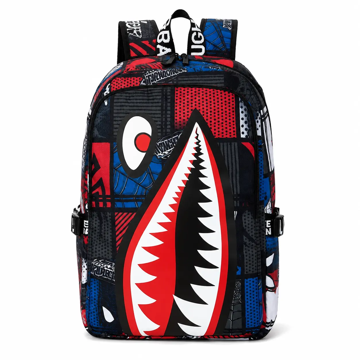 Sprayground Fashion Patchwork Grid Shark Face Graphic Backpack Lightweight Outdoor Travel Rucksack Large Storage School Backpack For Youth Teen Boys