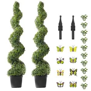 60-Inch Spiral Artificial Boxwood Topiary Trees (Set of 2) – UV-Resistant Faux Greenery with Extra Leaves, Pot & Decorative Accents, Ideal for Indoor/Outdoor Home & Garden Decor