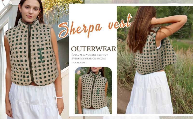 Naeduo Womens  Checkered Sherpa Vest Sleeveless Winter Fleece Jacket High Neck Zip Up Plaid Gilet with Chest Pocket