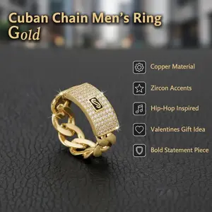Men's Cuban Style Copper Ring with Zircon Accents, Metal Coating, Hip-Hop & Casual Everyday Fashion, Minimalist Bold Design, Waterproof Rust-Resistant Fade-Proof, Unique Valentine's Gift Idea for Him,summerwins