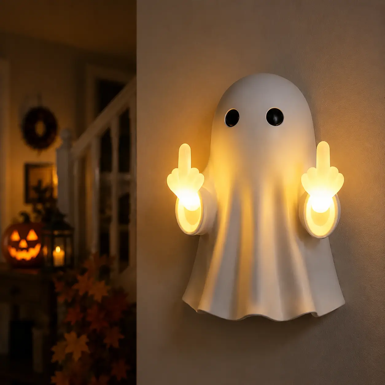 Ghost Wall Light & Mini Ghost Figurine, Cute Ghost Night Light with Middle Finger Gesture, Funny LED Lamp for Bedroom, Halloween Decor & Gift