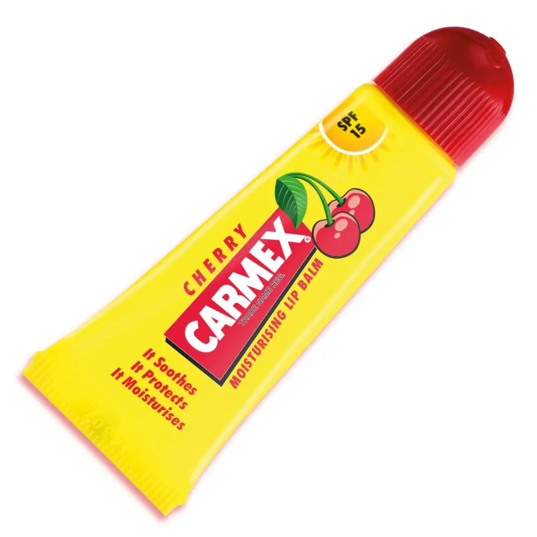 Carmex Cherry Lip Balm Tube with SPF 15 - Soothing Moisturizer and Sun Protection for Dry Lips, Alcohol-Free Treatment, Natural Finish, Alcohol Free Lip Treatments