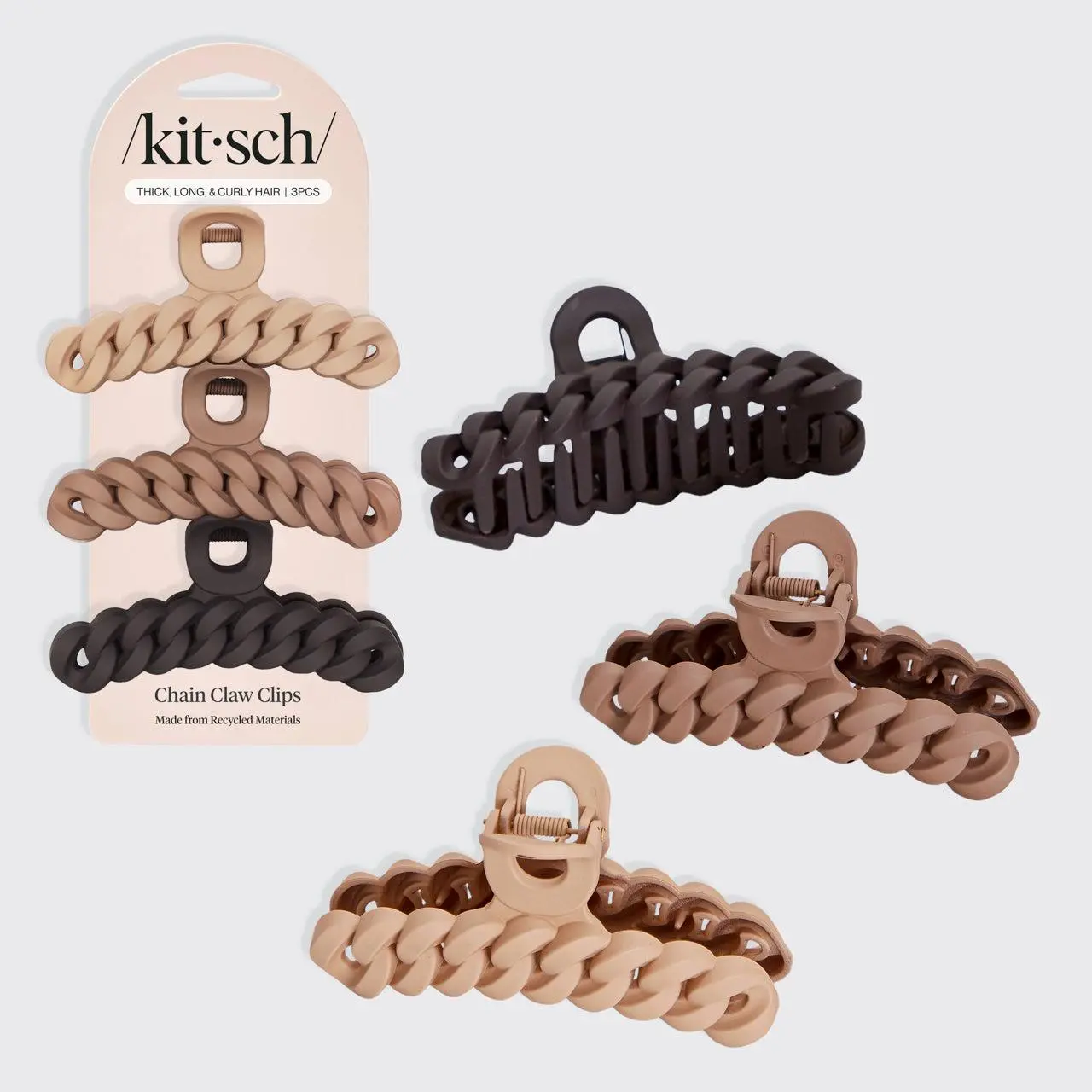 Kitsch Eco-friendly Chain Claw Clip 3pc Set Neutral Sustainable Recycled Materials 11cm x 5cm x 3.5cm Hair Clips
