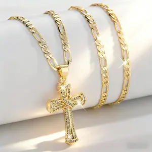 Festive Fashion Trendy Iced-Out Cross Pendant Necklace 14k Gold Plated Gift for Friends Prayer Blessing Mother's Day