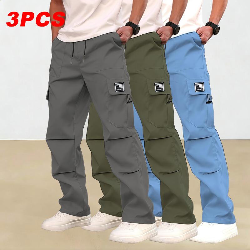 Men's multi-pocket work pants, 3-pack, suitable for all seasons and machine washable; mid-rise with drawstring closure; non-stretch polyester fabric; casual wear with pockets; versatile cargo pants