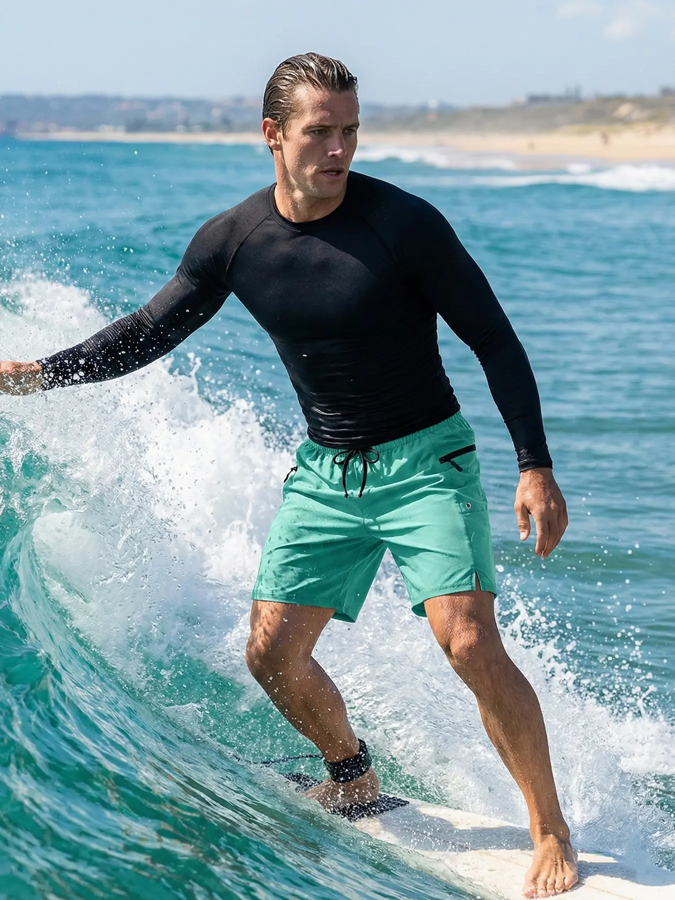 Men's Casual Sporty Surfing Suit, 2 Piece Beach Clothing Set, Round Neck Long Sleeve Rash Guard Quick-Dry Breathable Tight Fit T-Shirt + Beach Shorts Board Shorts with Zipper Side Pockets and Mesh Lining, Sporty Style Clothes