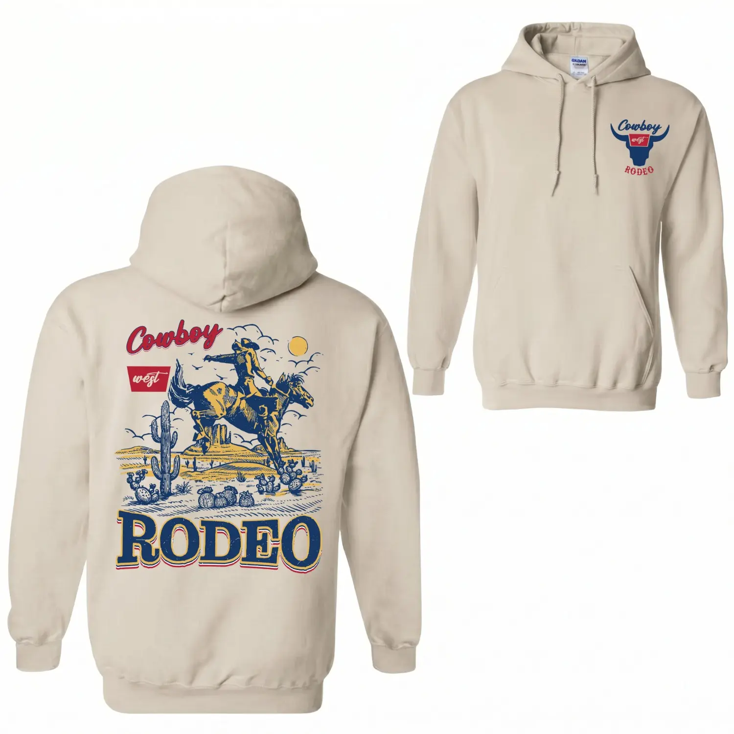 Cowboy Rodeo Vintage Graphic 2-Sided Hoodie, Retro Western Cowboy Pullover, Vintage Washed Hoodie, Men's Graphic Streetwear, 90s Western Casual Apparel