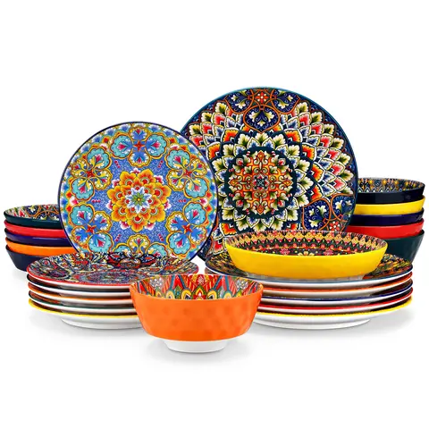 Vancasso LUMI Series 12/18/24-Piece Dinnerware Set, Bohemian Style Porcelain Plates and Bowls Set, Service for 4–6, Lead-Free, Space-Saving, Microwave & Dishwasher Safe, Scratch Resistant, Non-Toxic, Ideal for Daily Use & Gifts