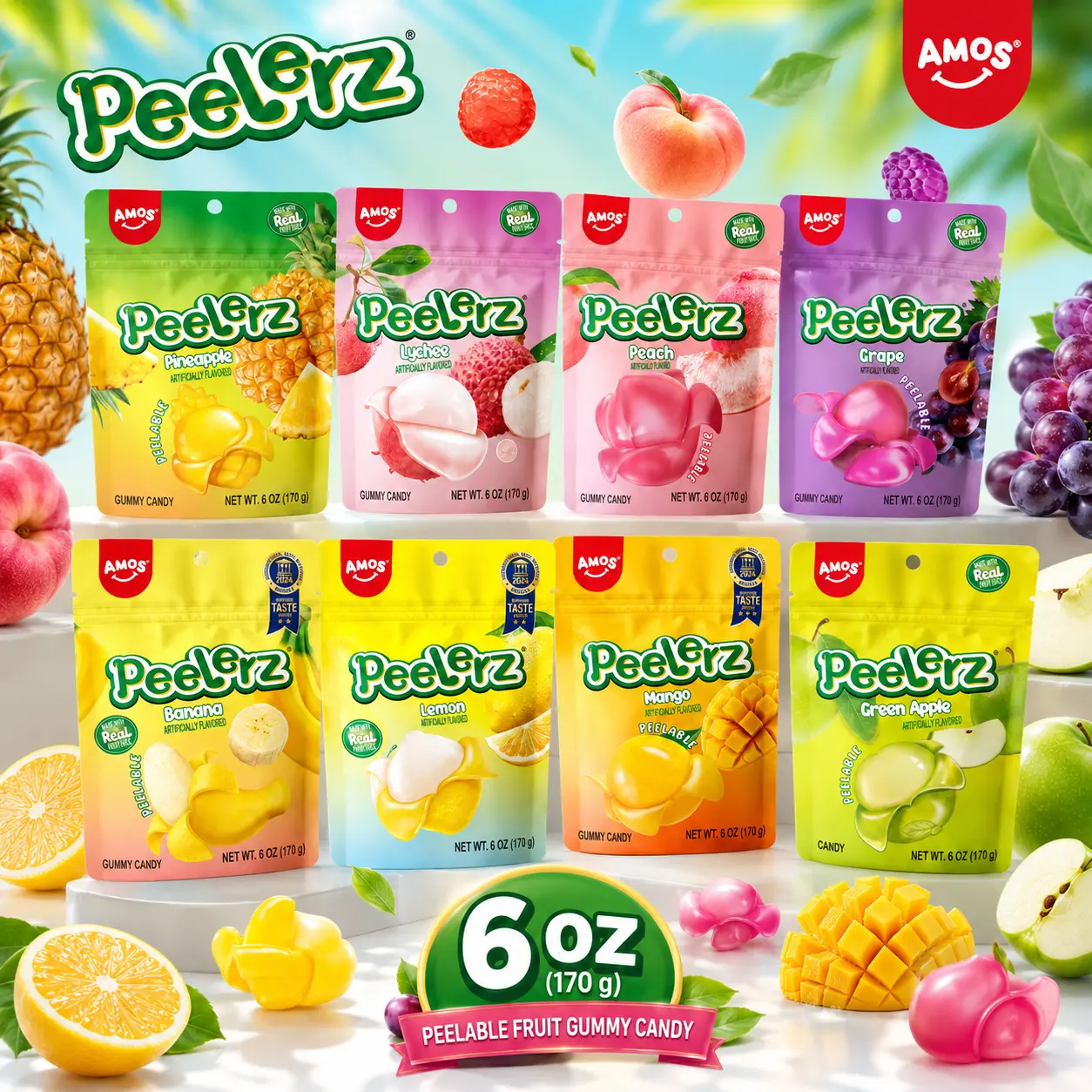 AMOS Peelerz Peelable Fruit Gummy Candy, 6 OZ – Assorted Fruit Flavors, Fun Peelable Gummies Made with Real Fruit Juice