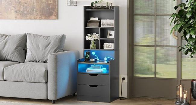 Sikaic LED Tall Nightstand with Bookshelf Charging Station Modern Bedside Table with 2 Storage Drawers and Open Storage Space